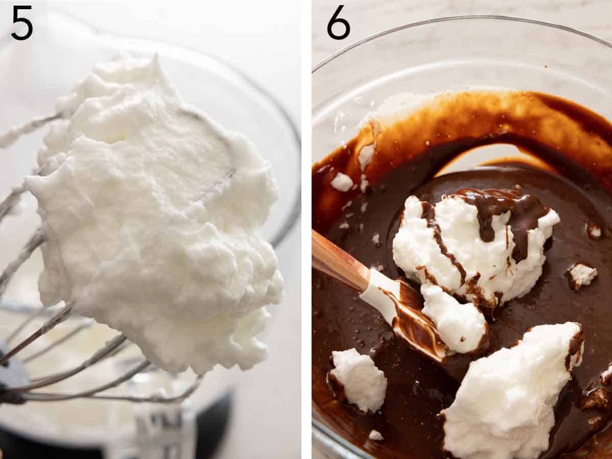 Set of two photos showing egg whites, whipped, and added to the chocolate mixture.