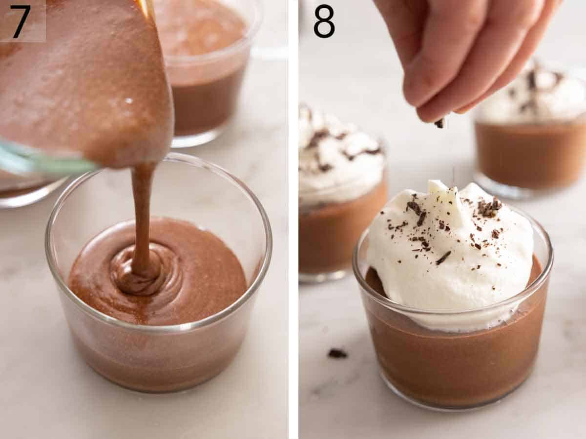 Set of two photos showing the chocolate mousse poured into glass containers then topped with whipped cream and chocolate once set.