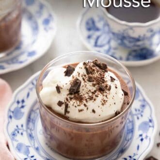 Pinterest graphic of a glass of chocolate mousse with whipped cream on top and shaved chocolate.