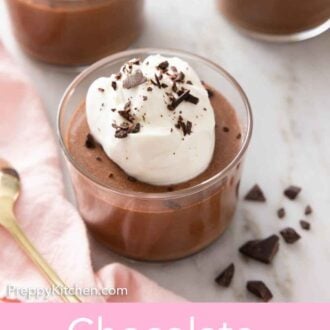 Pinterest graphic of three chocolate mousses with whipped cream and shaved chocolate on top.