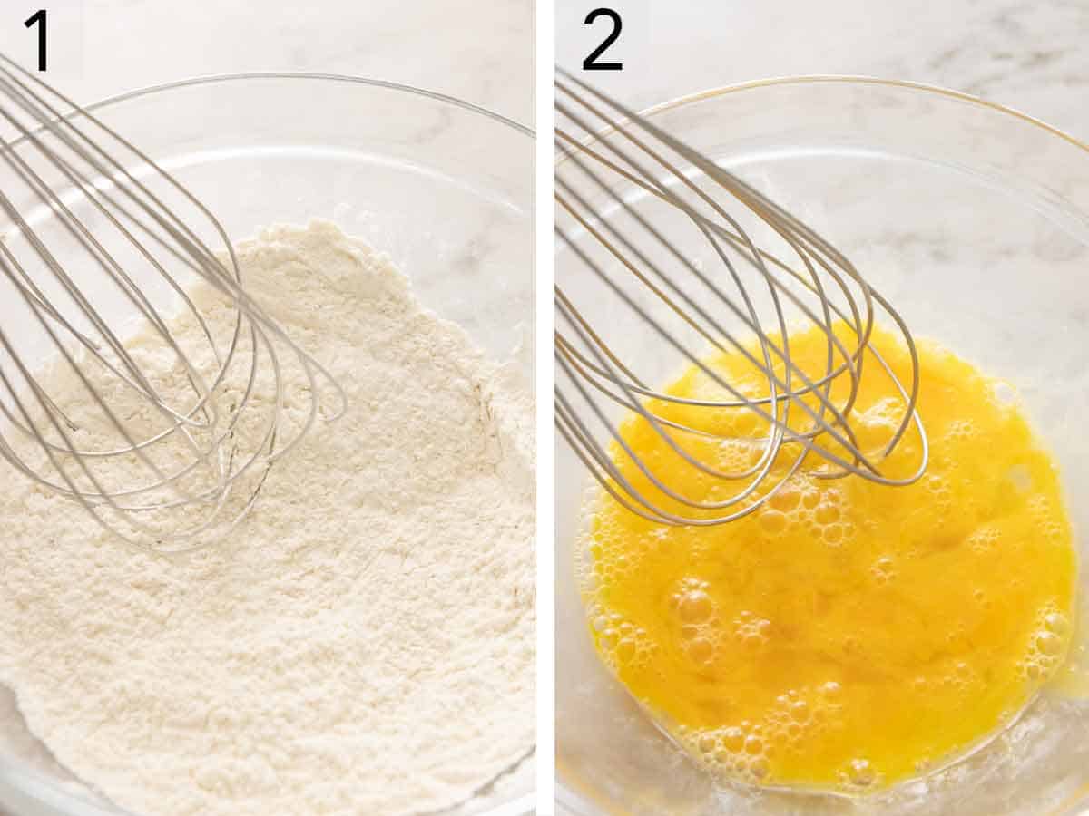 Set of two showing dry ingredients whisked together and egg beaten.