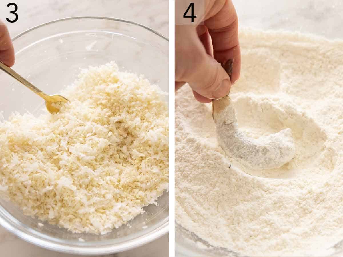 Set of two photos showing panko and shredded coconut combined and shrimp coated in flour.