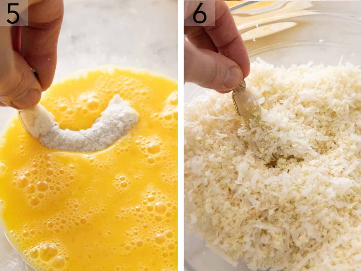 Set of two photos showing flour coated shrimp dipped into beaten egg and then dipped into panko and shredded coconut.
