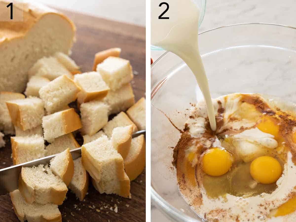 Set of two photos showing bread cubed and wet ingredients added to a bowl.