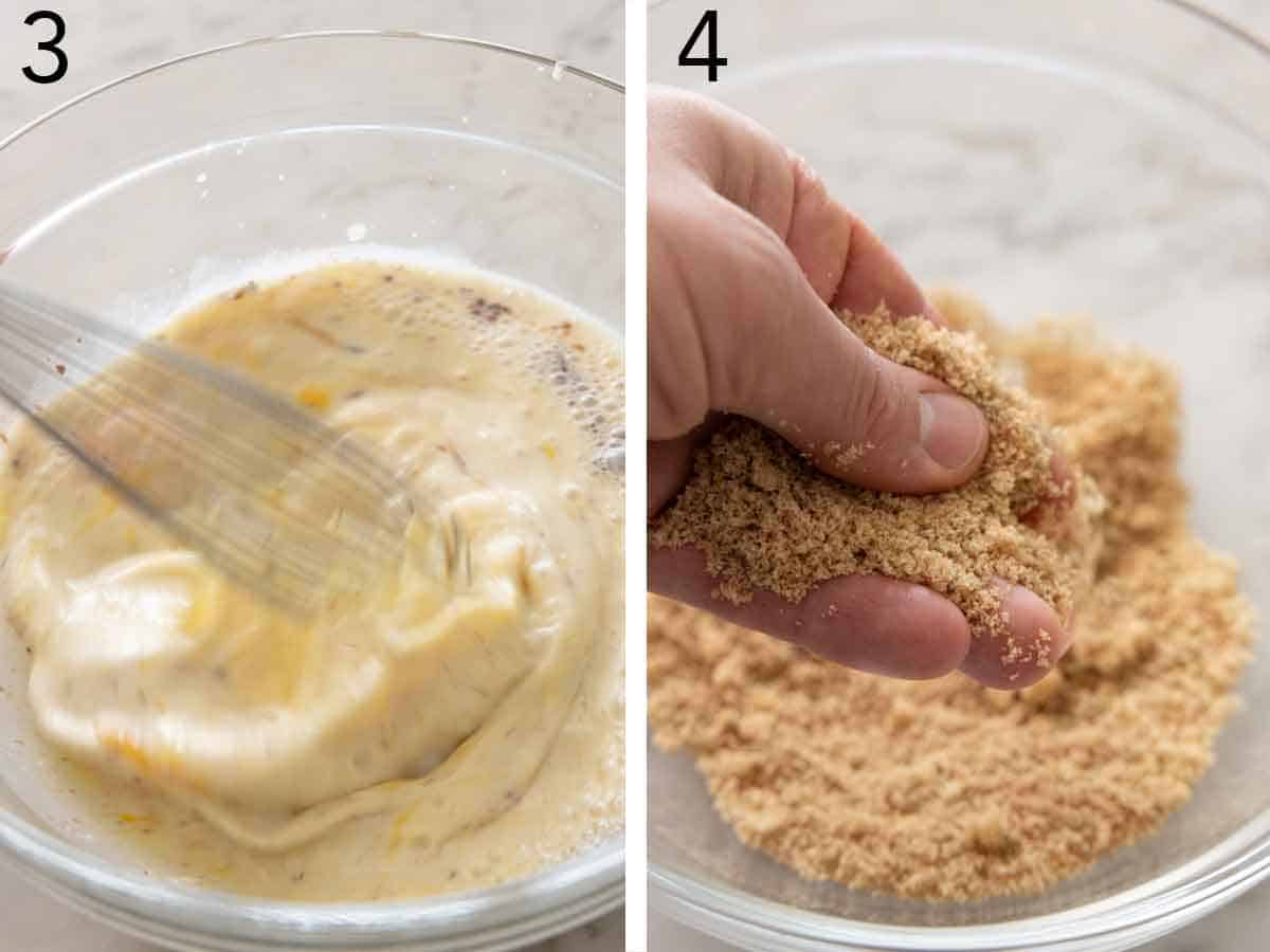 Set of two photos showing wet ingredients whisked and brown sugar, cinnamon, and salt combined in another bowl.