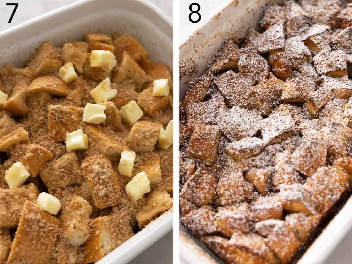 Set of two photos showing butter pieces added over top of the casserole and then baked and dusted with powdered sugar.