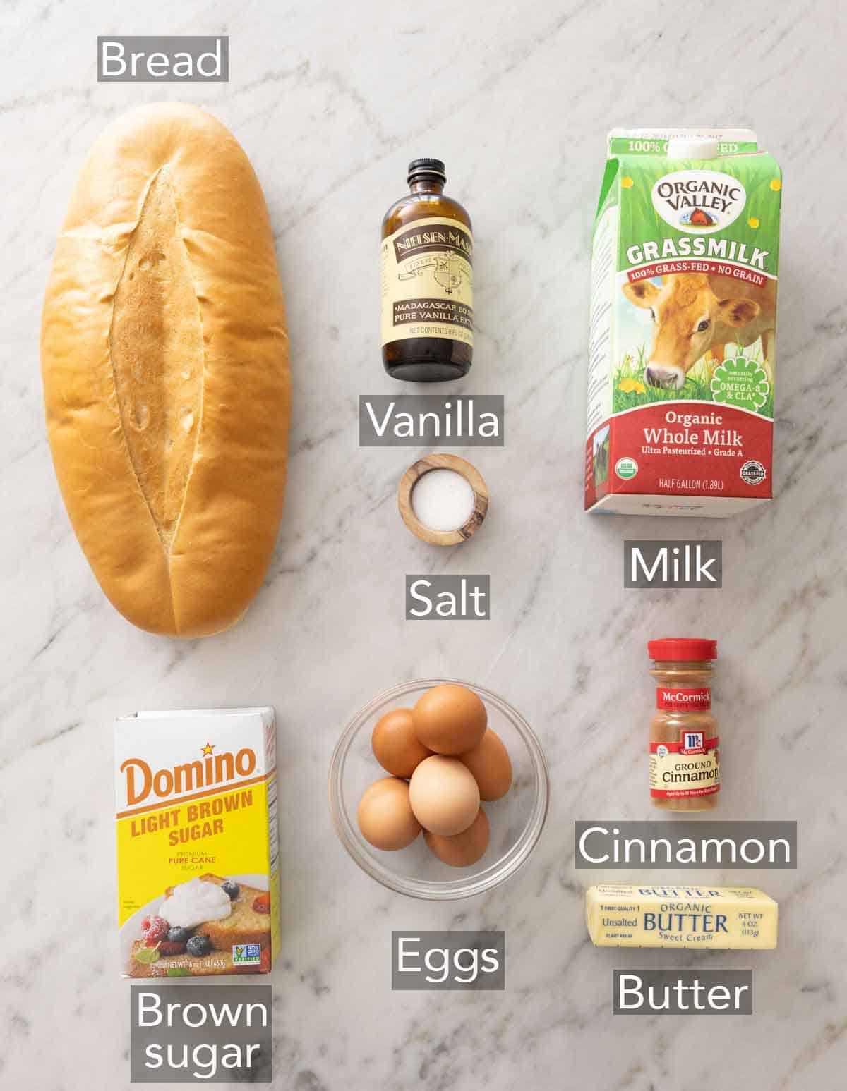 Ingredients needed to make French toast casserole.