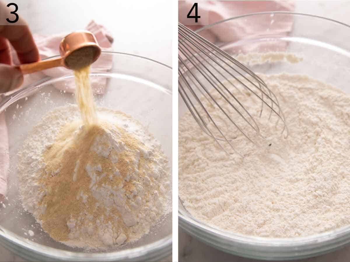 Set of two photos showing dry ingredients added to a bowl and whisked together.
