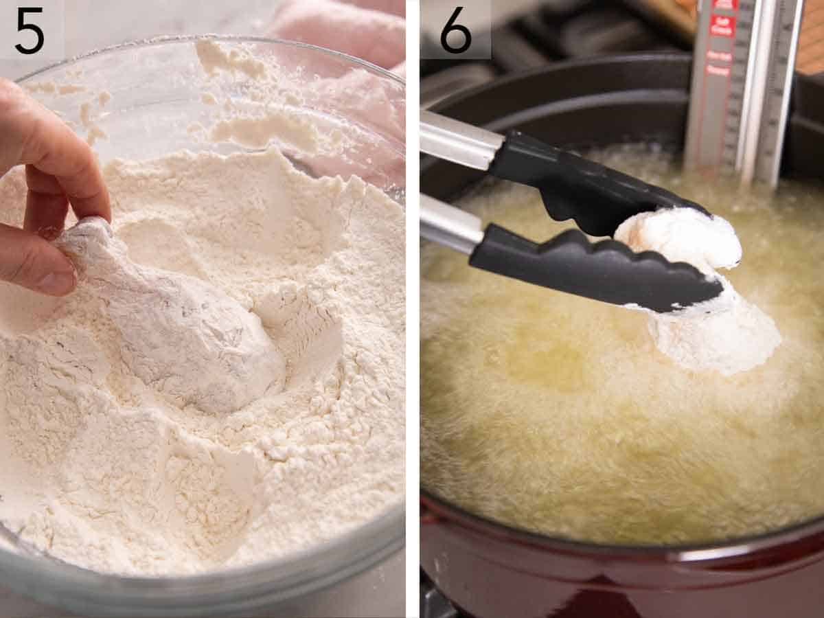 Set of two photos showing the chicken being coated in the flour mixture then added to a pot of hot oil.