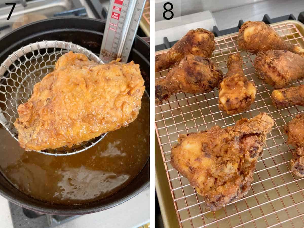 Set of two photos showing fried chicken removed from oil and placed on a wired rack.