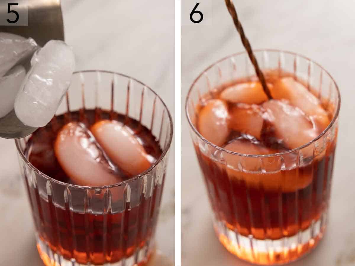 Set of two photos showing ice added to the glass then the liquid stirred.