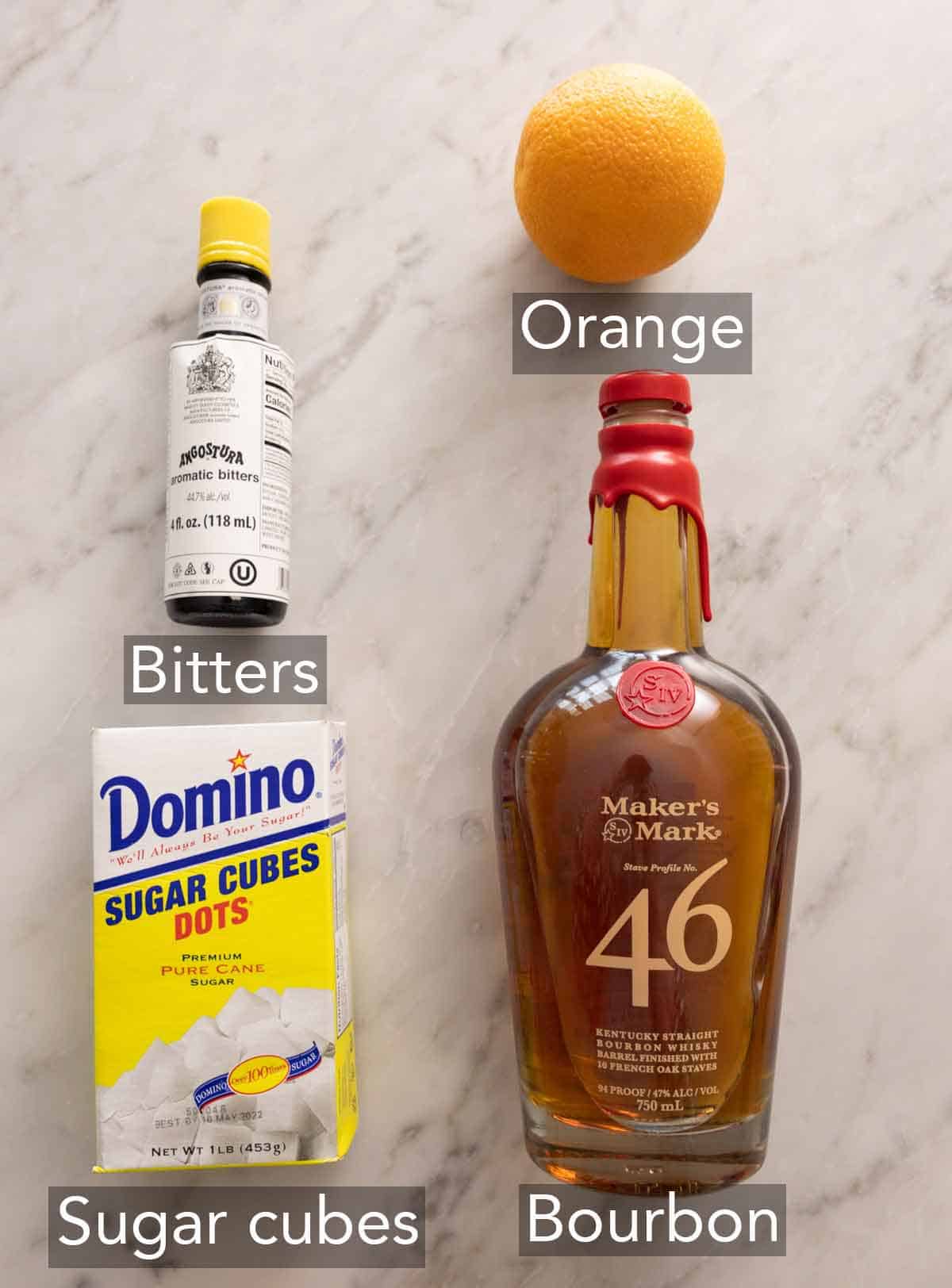 Ingredients needed to make an old fashioned.
