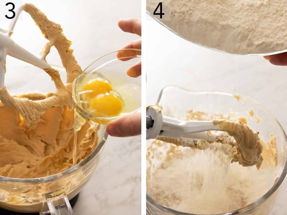Set of two photos showing eggs being added to the mixer, then flour.