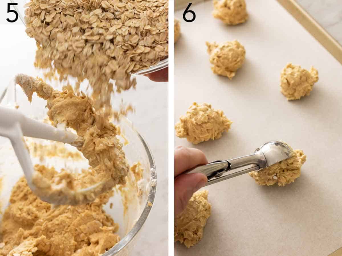 Set of two photos showing rolled oats added to the mixer and batter portioned out with a scoop.