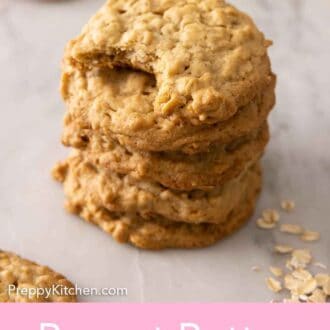 Pinterest graphic of a stack of four peanut butter oatmeal cookies.