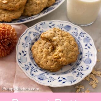 Pinterest graphic of a plate with two peanut butter oatmeal cookies with one propped on top of the other.
