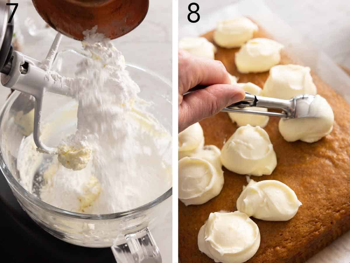 Set of two photos showing powdered sugar added to the beaten cream cheese then the frosting scooped onto the cake.
