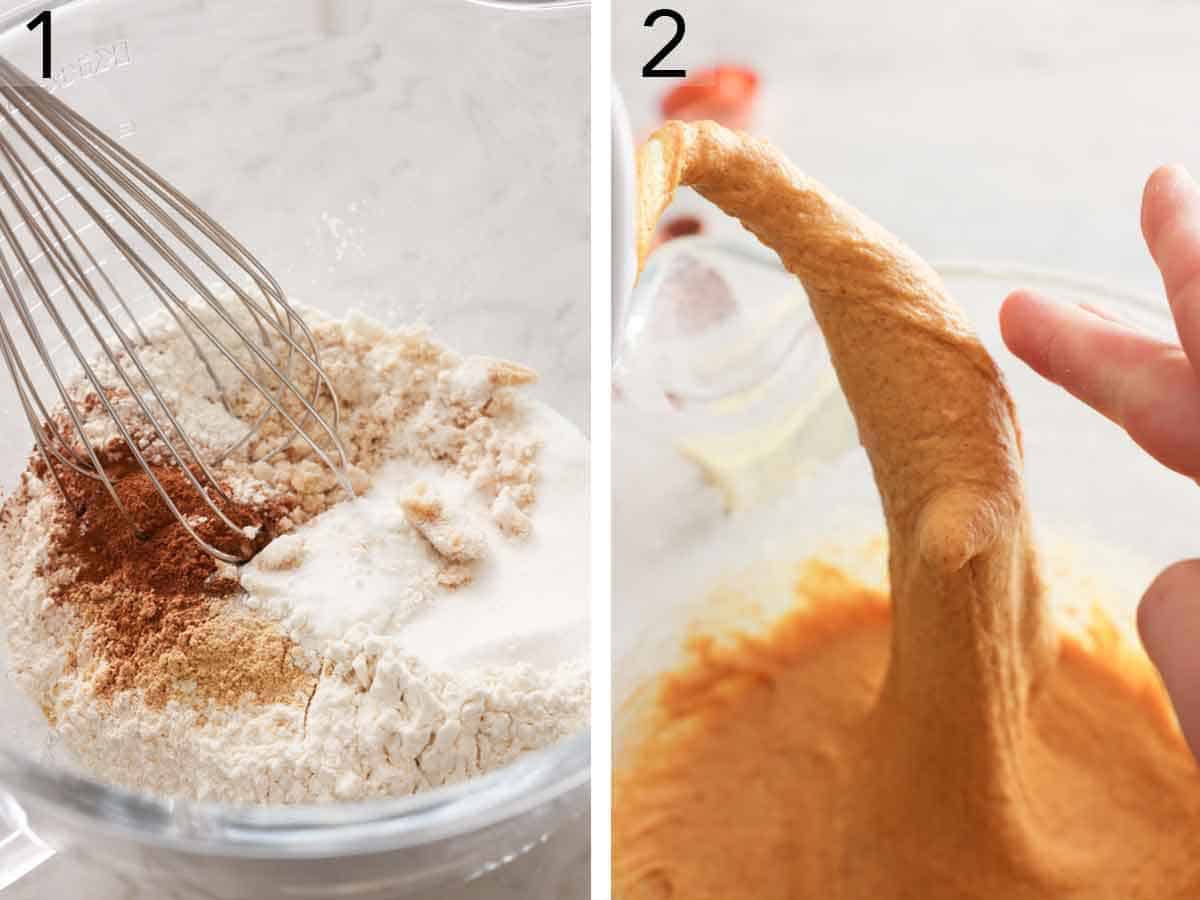 Set of two photos showing dry ingredients whisked together and dough mixed in a mixer with a dough hook.