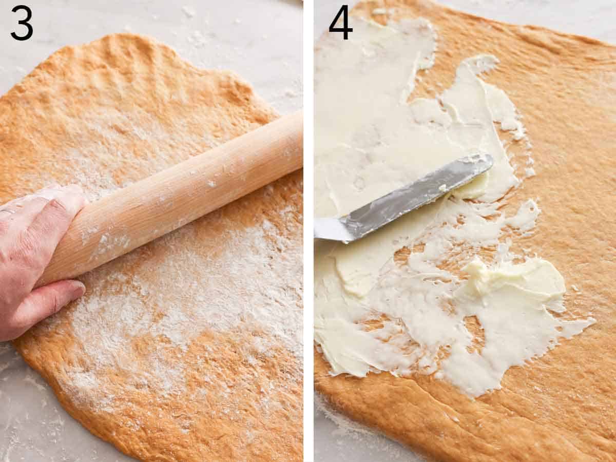 Set of two photos showing dough being rolled out and butter mixture being spread onto the dough.