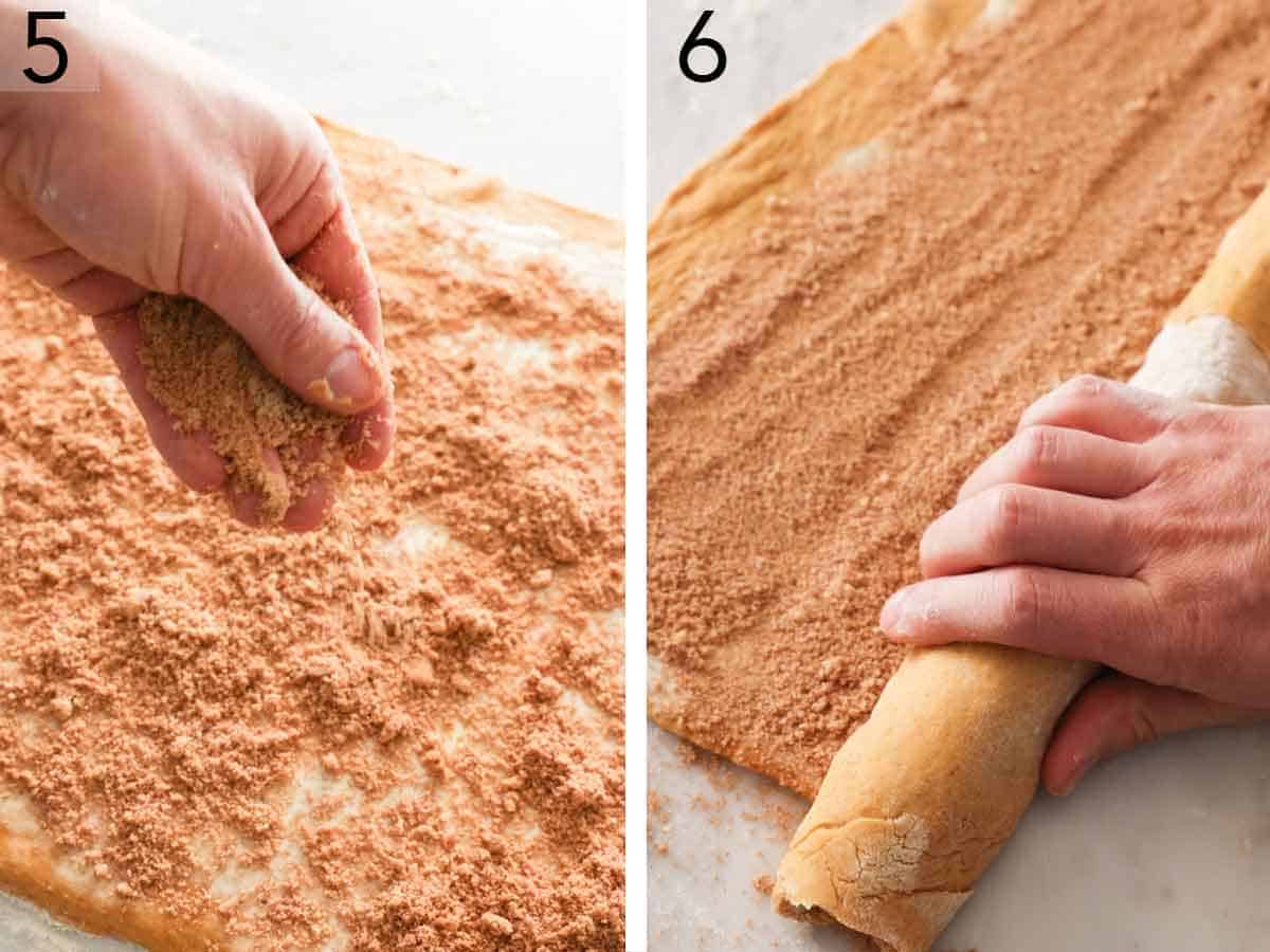Set of two showing brown sugar mixture sprinkled over the butter mixture and the dough rolled.