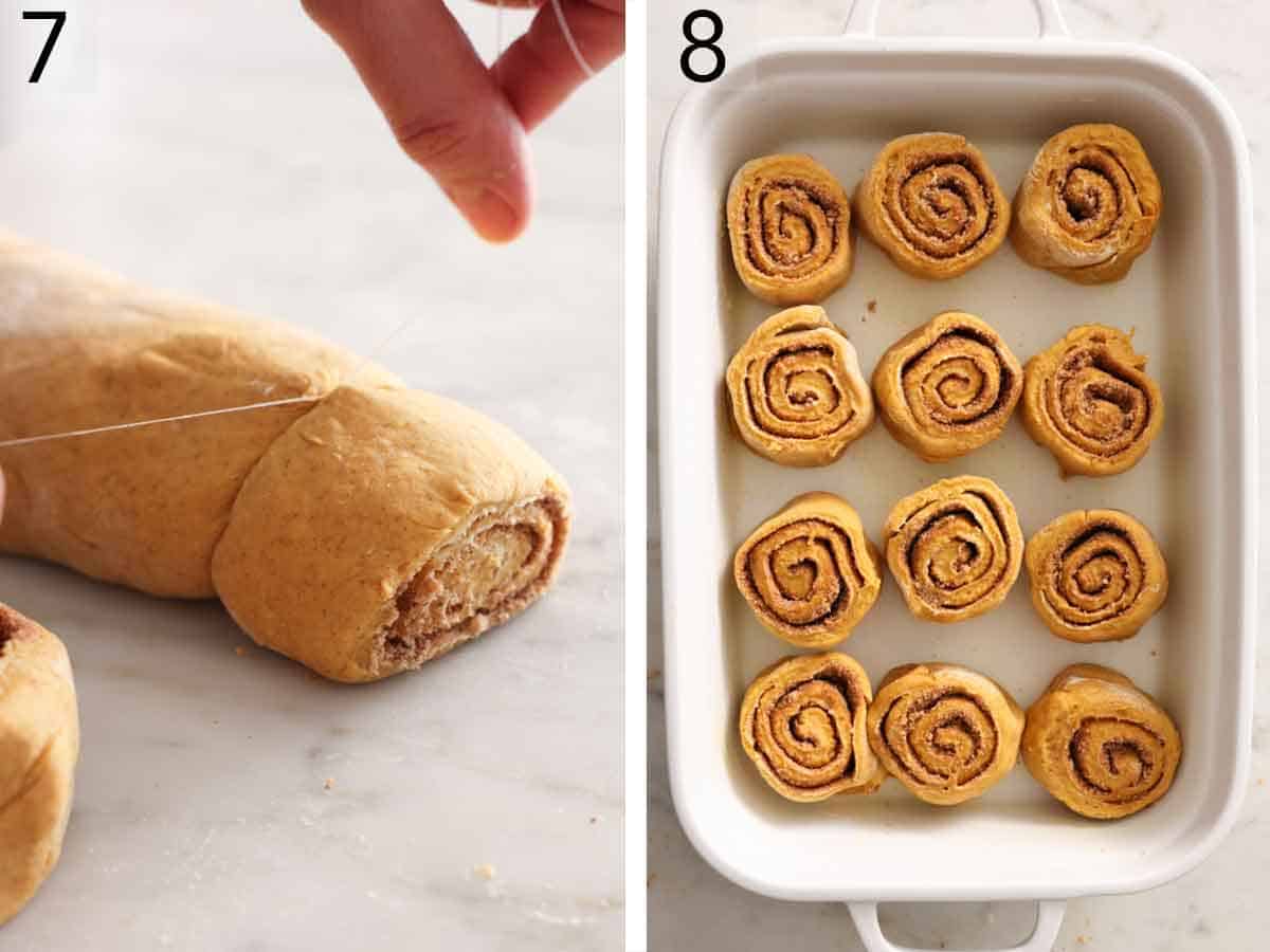 Set of two photos showing the rolled dough cut with string and placed in a baking dish.