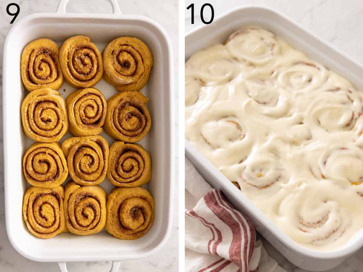Overhead view of a baking dish with pumpkin cinnamon rolls and then coated with cream cheese.