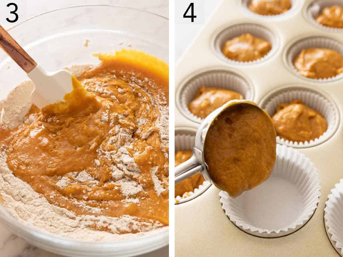 Set of two photos showing the wet and dry ingredients combined and batter scooped into cupcake liners.