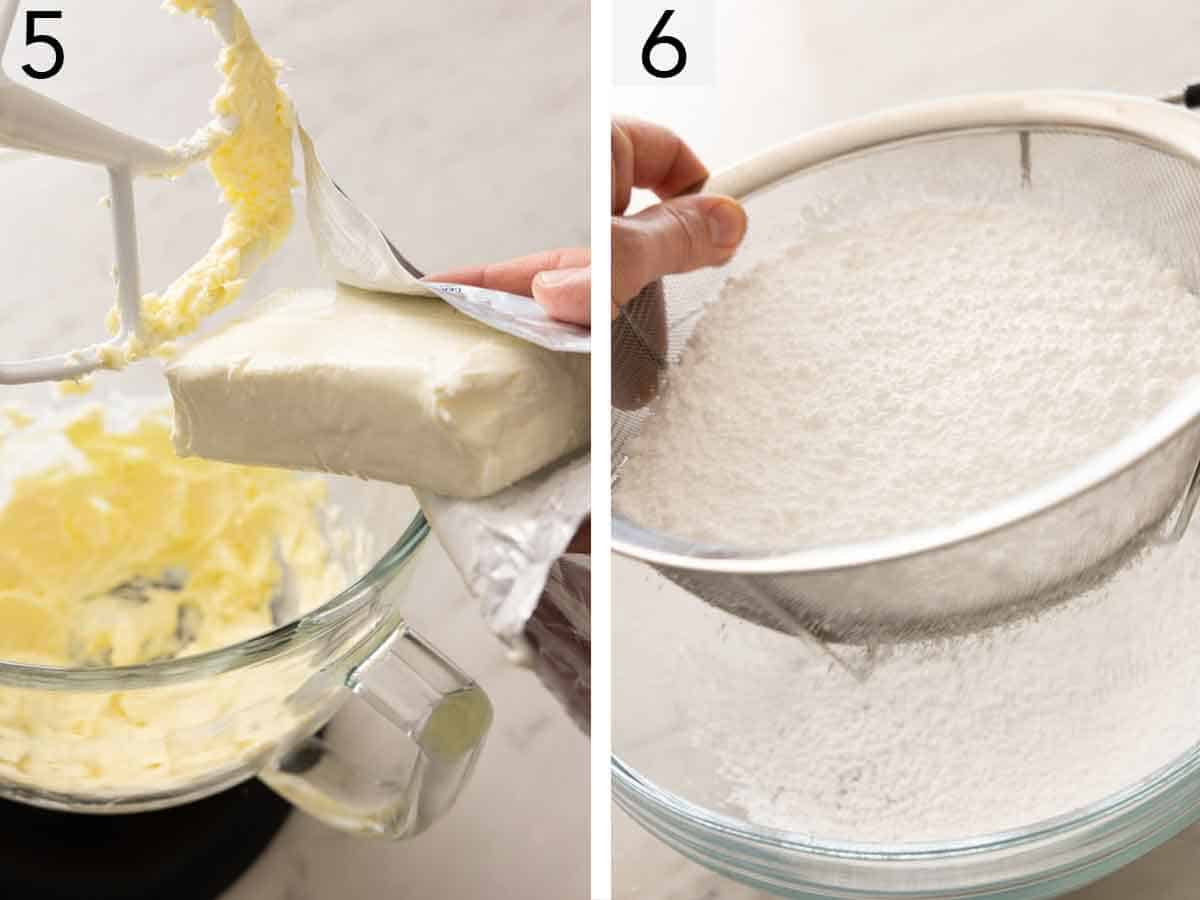 Set of two photos showing butter and cream cheese being combined and powdered sugar sifted.