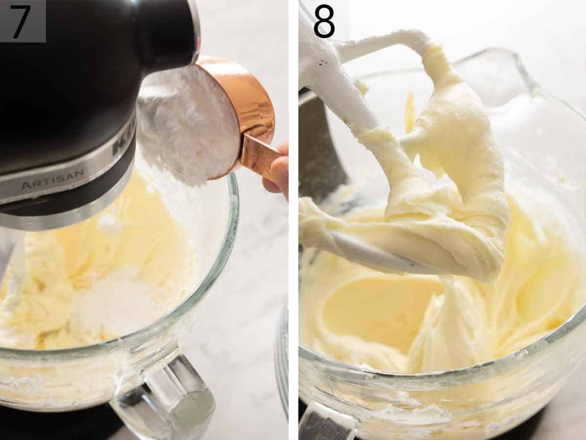 Set of two photos showing powdered sugar added to a mixer to make frosting.