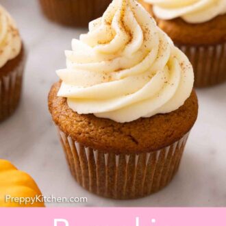 Pinterest graphic of a pumpkin cupcake with a cream cheese frosting on top.