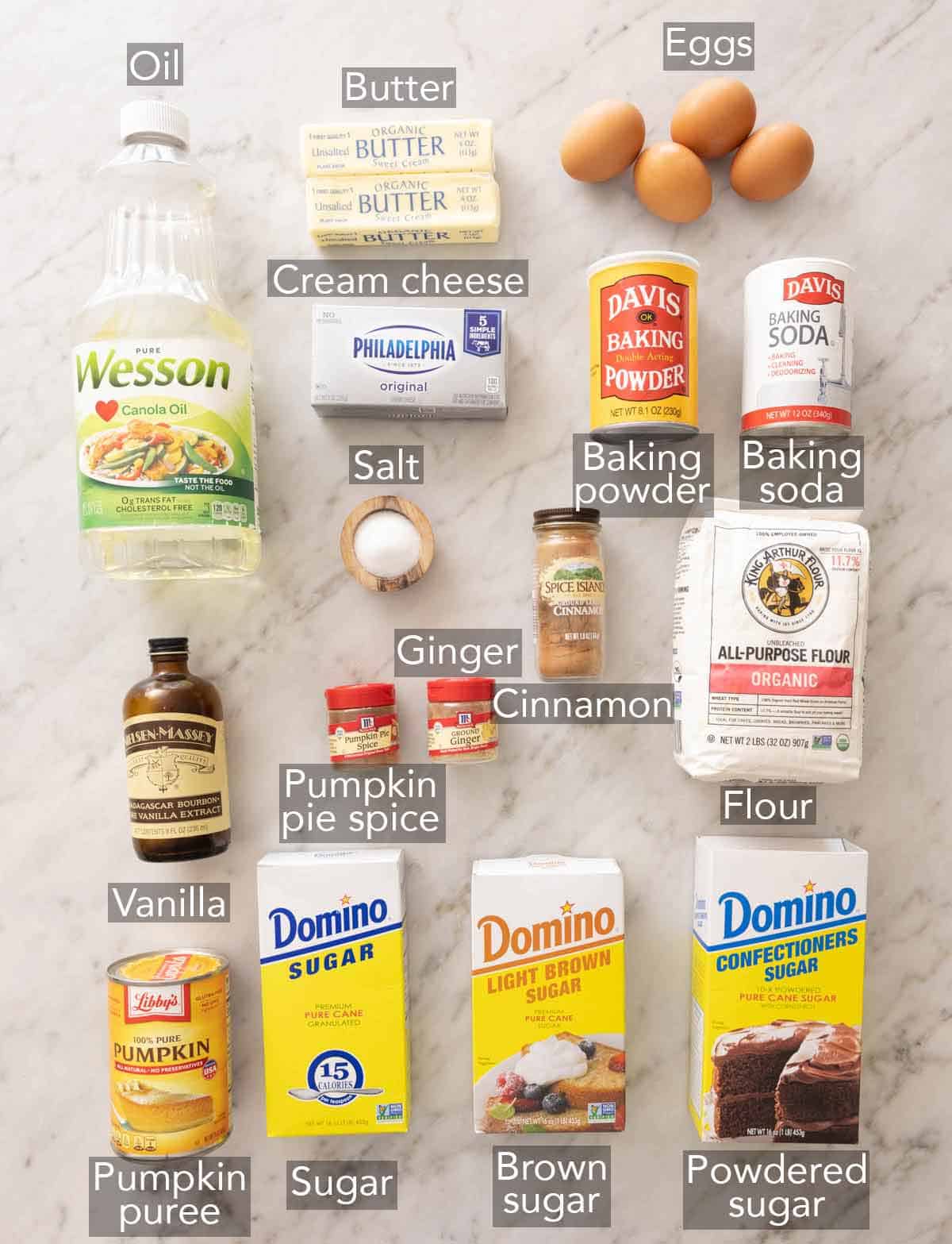 Ingredients needed to make pumpkin cupcakes.