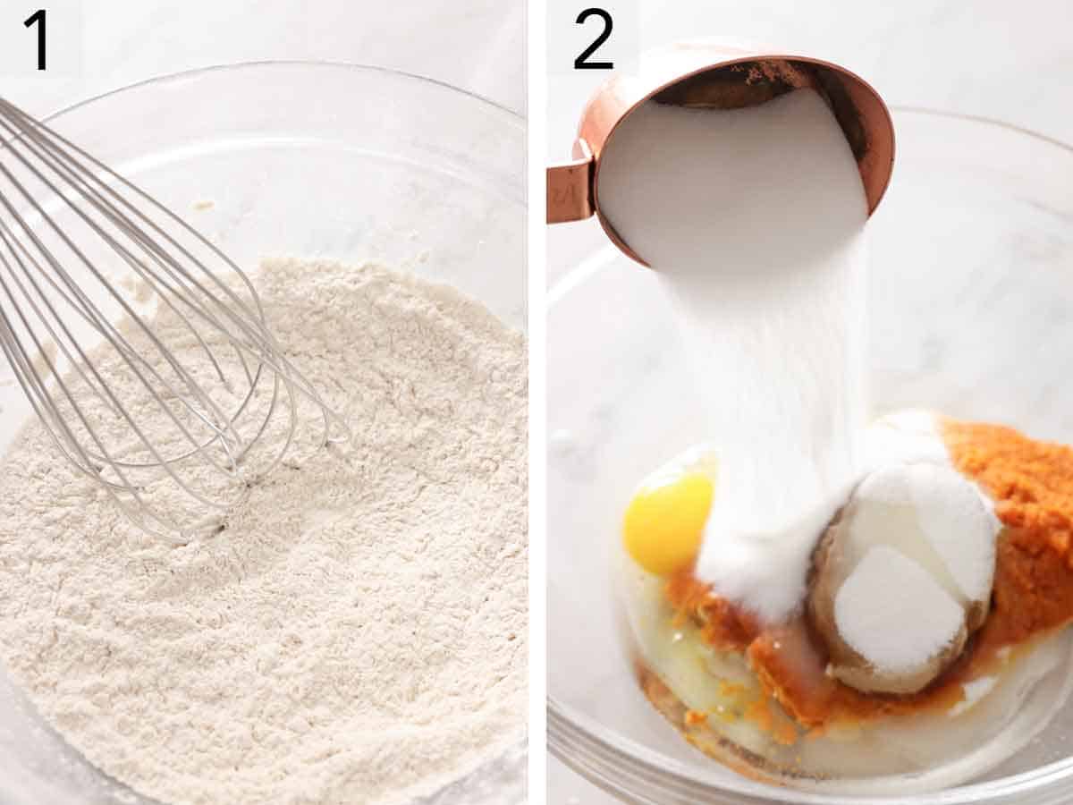 Set of two photos showing flour mixture whisked then sugar added to the wet ingredients.