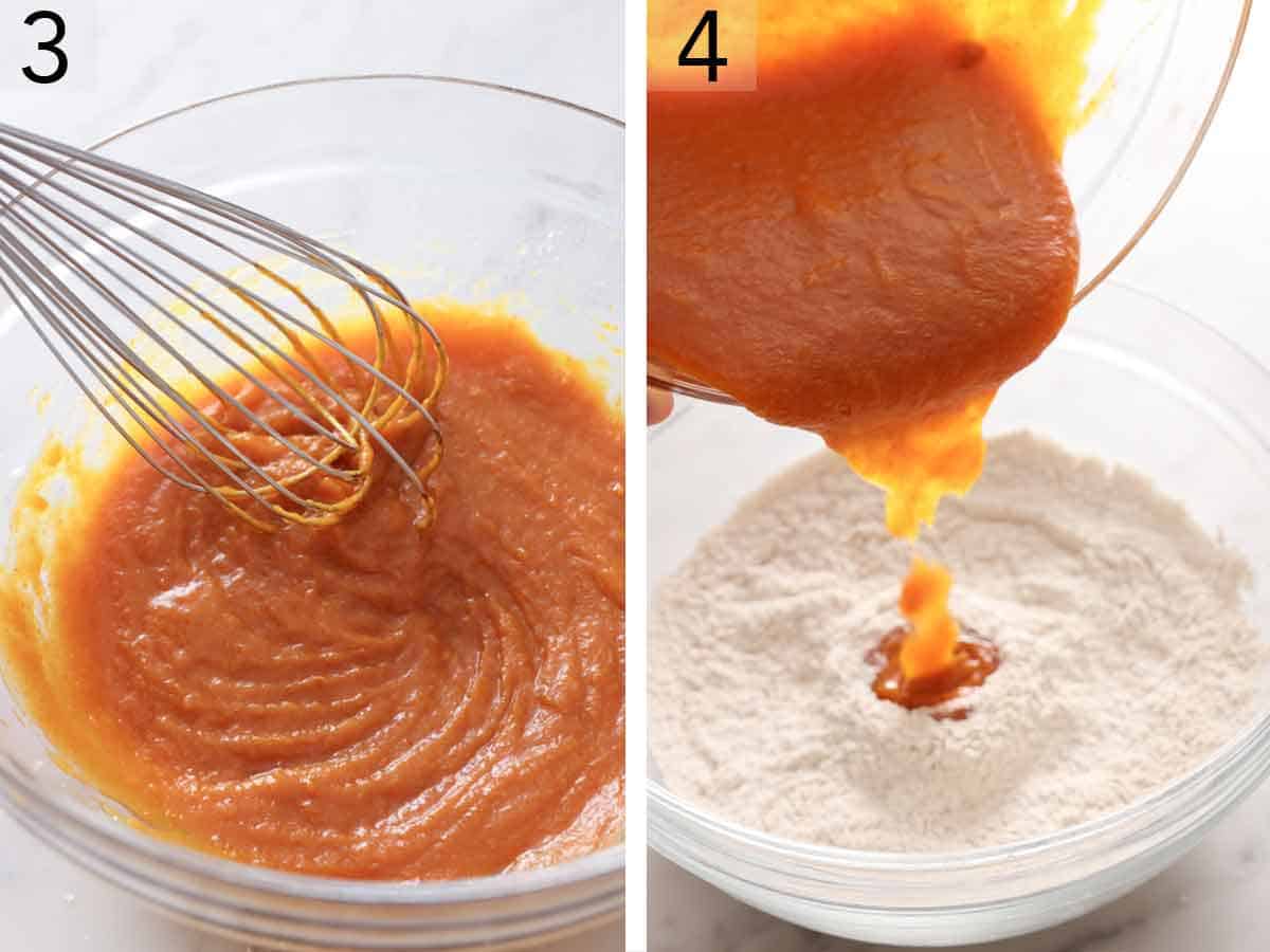 Set of two photos showing the wet ingredients whisked then added to the flour mixture.
