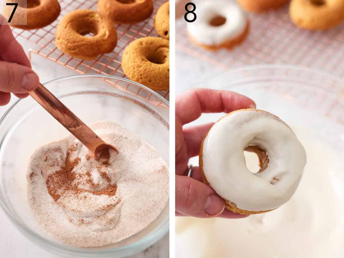 Set of two photos showing the cinnamon sugar mixed together and a donut glazed.