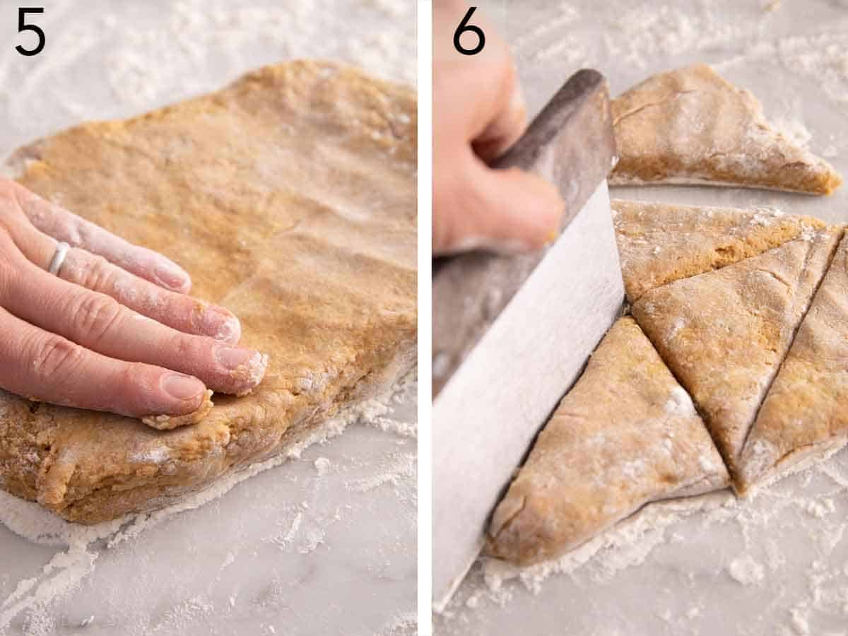 Set of two photos showing the dough pressed into an 8-inch square then cut with a dough cutter.