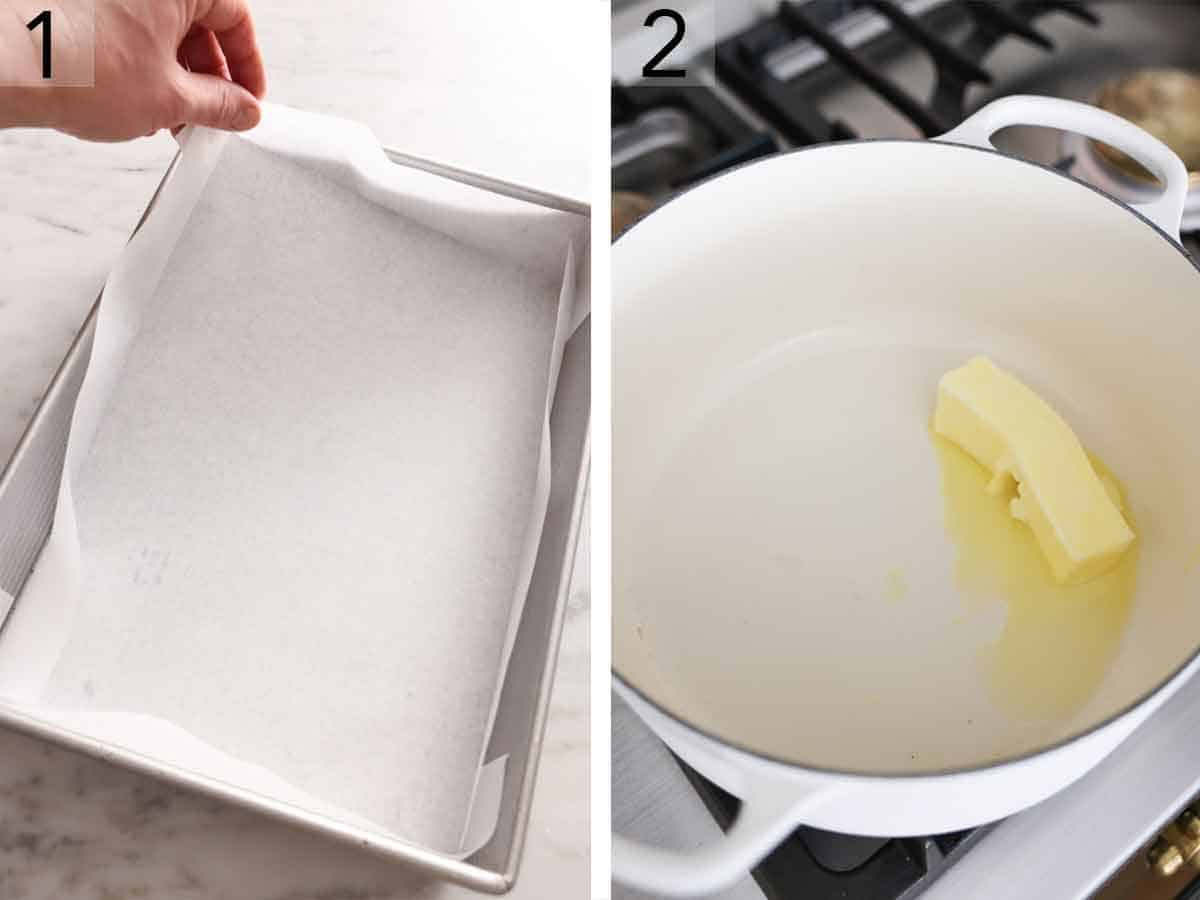 Set of two photos showing a pan being lined with parchment paper and butter melting in a pot.