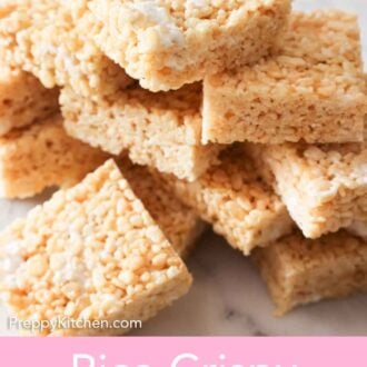Pinterest graphic of a pile of rice crispy treats on a counter.