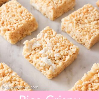 Pinterest graphic of multiple rice crispy treats in a single layer on a counter.