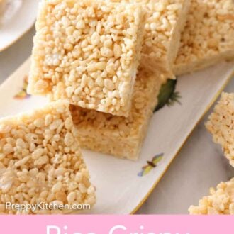 Pinterest graphic of a platter with multiple squares of rice crispy treats.