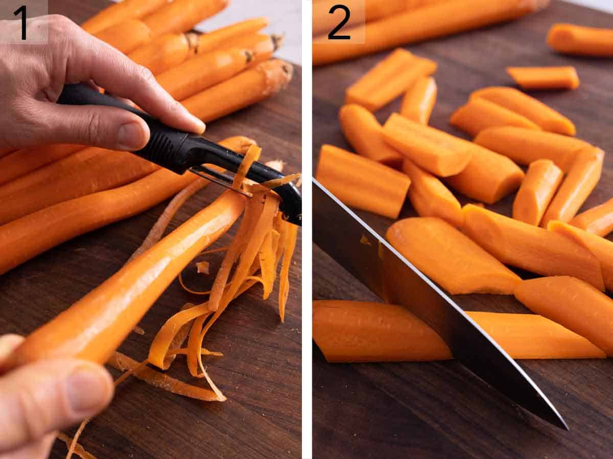 Set of two photos showing carrots being peeled and cut.