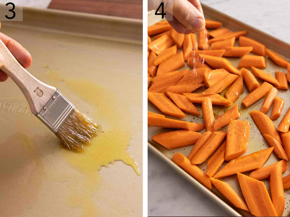 Set of two photos showing oil brushed onto a sheet pan and then salt sprinkled over the vegetables.