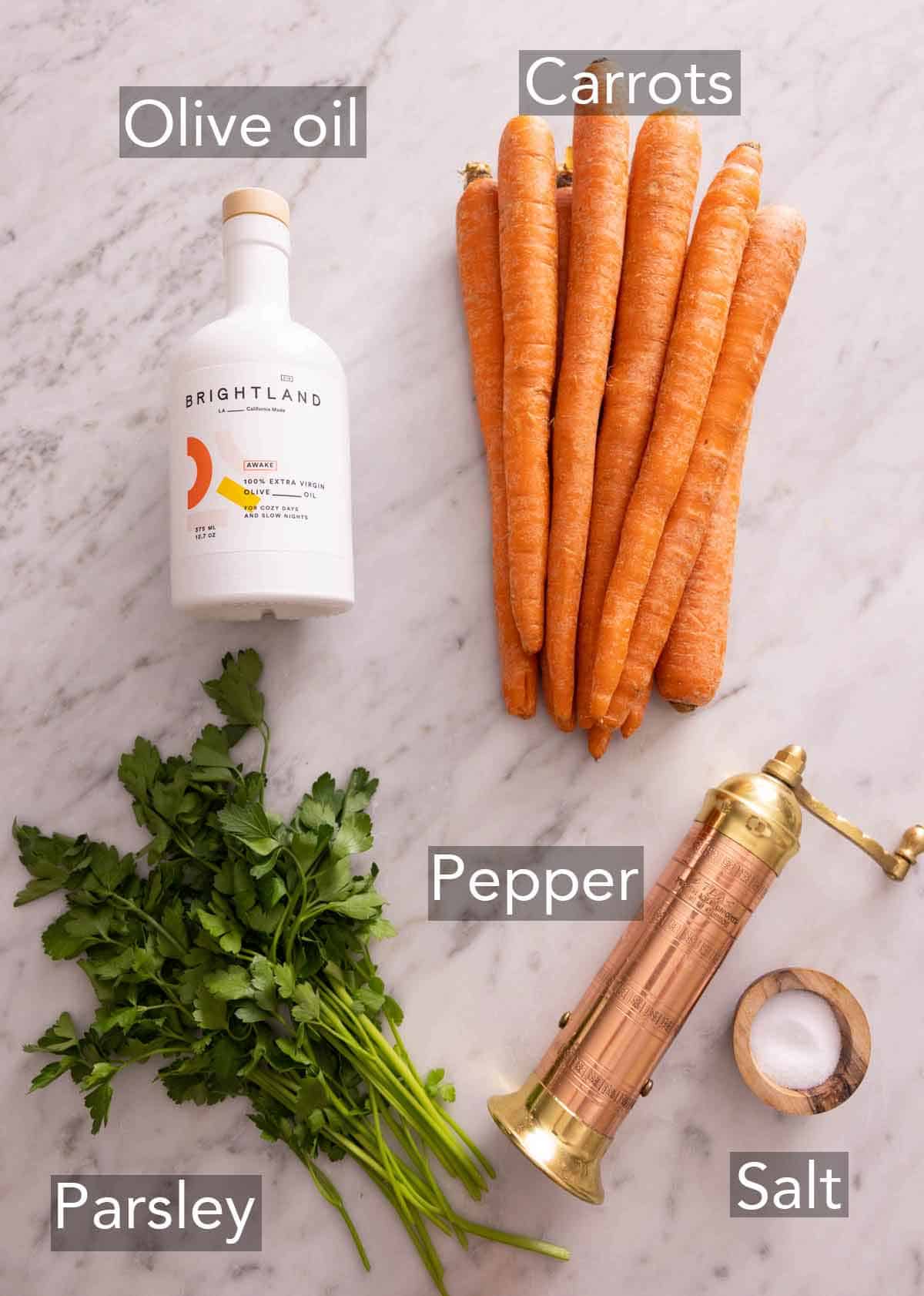 Ingredients needed to make roasted carrots.