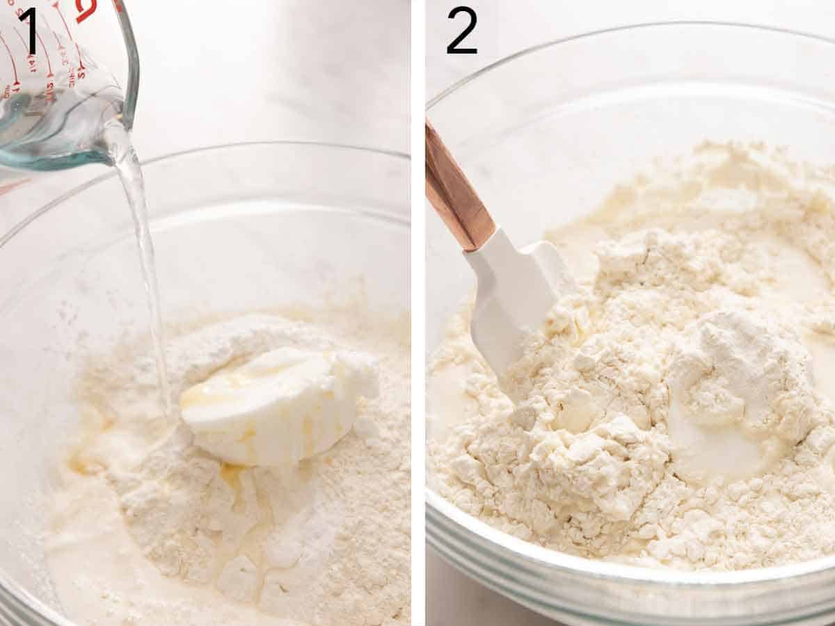 Set of two photos showing flour, shortening, baking powder, honey, and salt added to a bowl then stirred to combine.