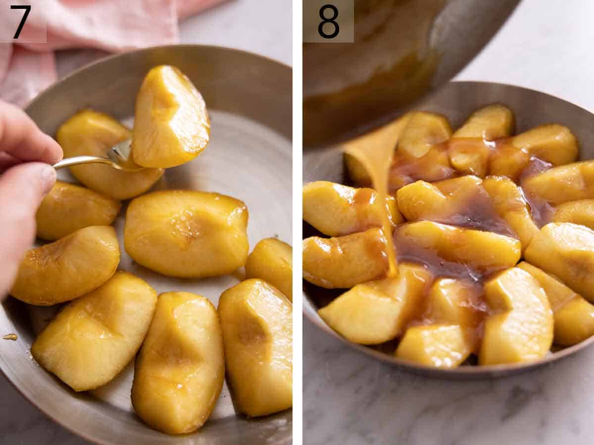 Set of two photos showing apples placed into a pan then caramel poured on top.