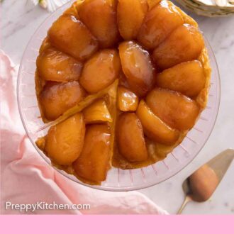 Pinterest graphic of an overhead view of a tarte Tatin with a slice cut and pulled slightly forward,