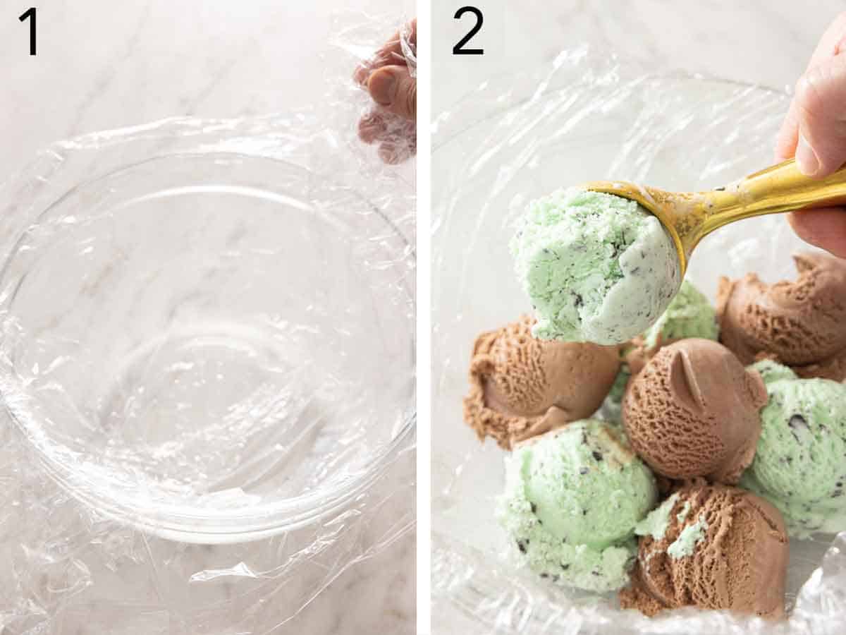 Set of two photos showing plastic wrap lining a bowl then filling it with ice cream.