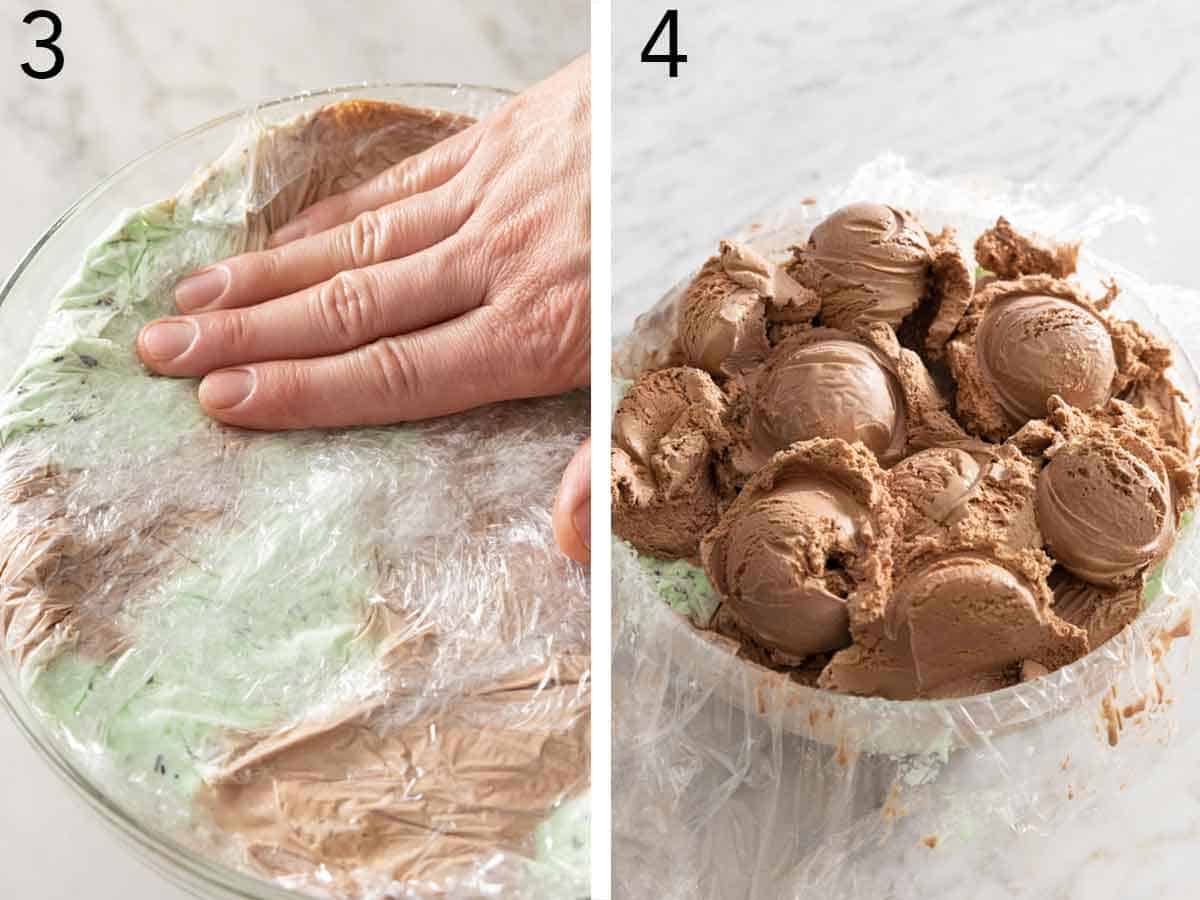 Set of two photos showing ice cream pressed into the bowl then more added on top.