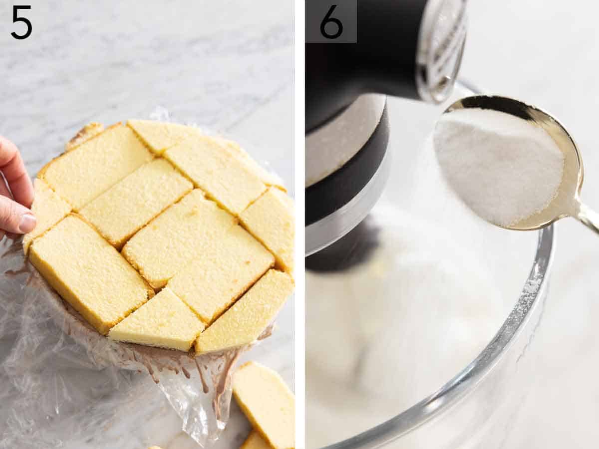 Set of two photos showing cake added to the ice cream and sugar added to a mixer.