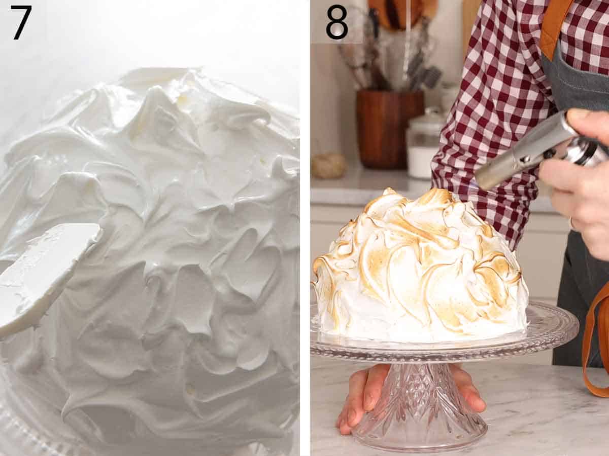 Set of two photos showing meringue spread on top and blow torched.