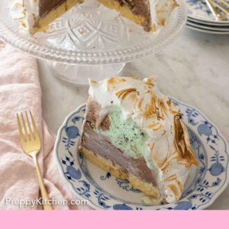 Pinterest graphic of a slice of baked Alaska in front of a cake stand with the rest.